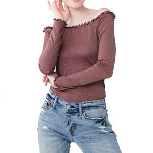 Aeropostale Off The Shoulder Top Sz L New Women's Sparkly Lettuce Trim Shirt Red